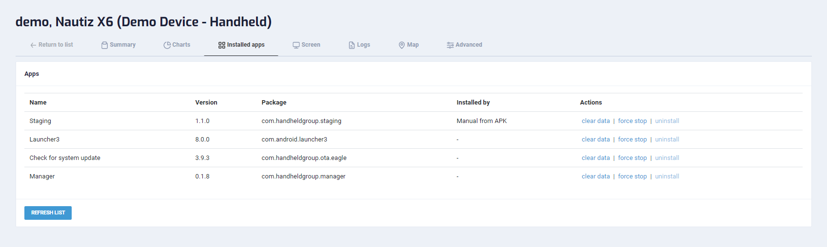 Device details - Install Apps tab